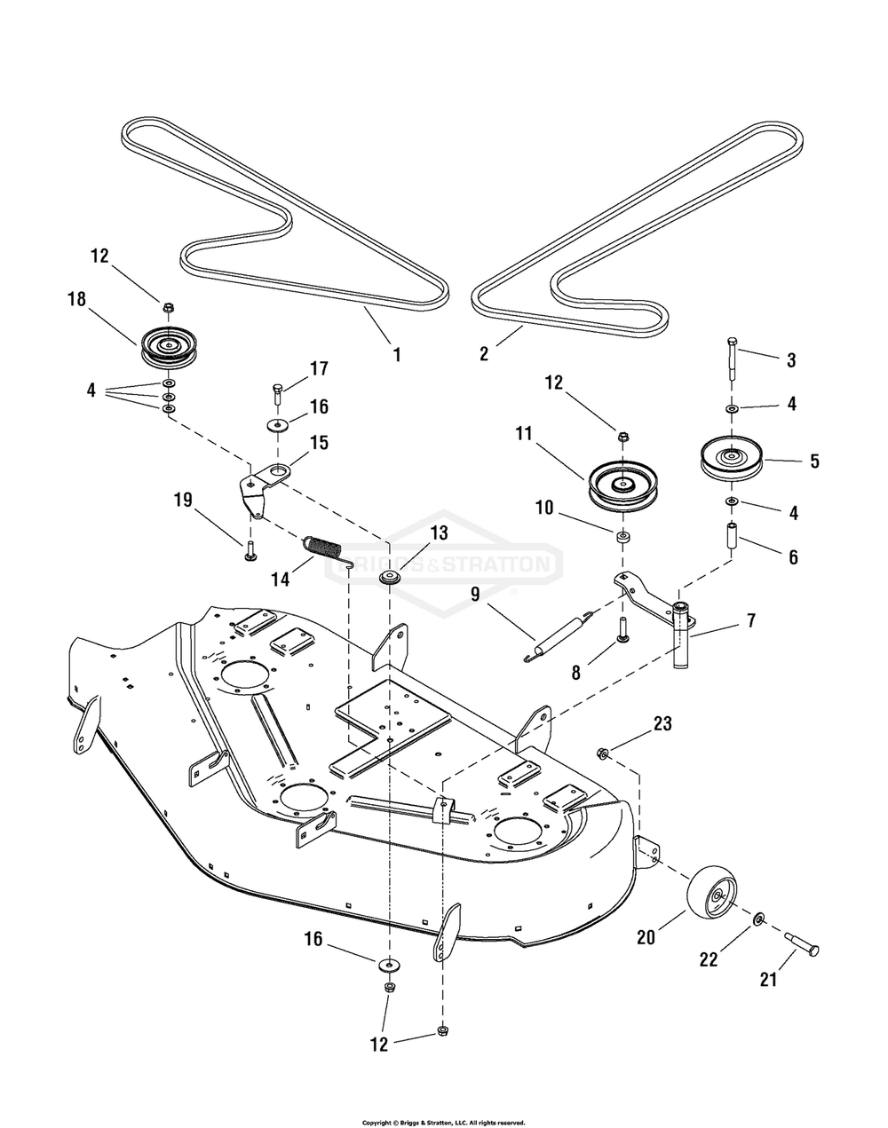 50-Inch Mower Deck - Clutch And Support Group Diagram and Parts List for 107607010 (2690713)(2007) Briggs and Stratton Lawn Tractor